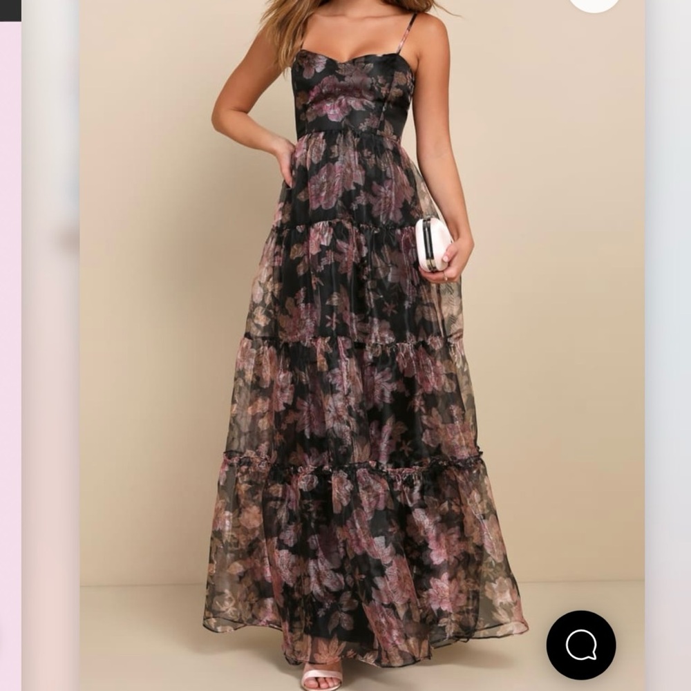 Exclusive Glamour Black Floral Organza Tiered Maxi Dress Black Floral